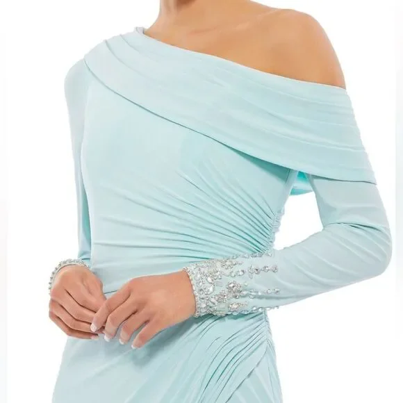 Mac Duggal 26485 Blue Foldover Long Sleeve Jeweled Midi Dress - Picture 3 of 14